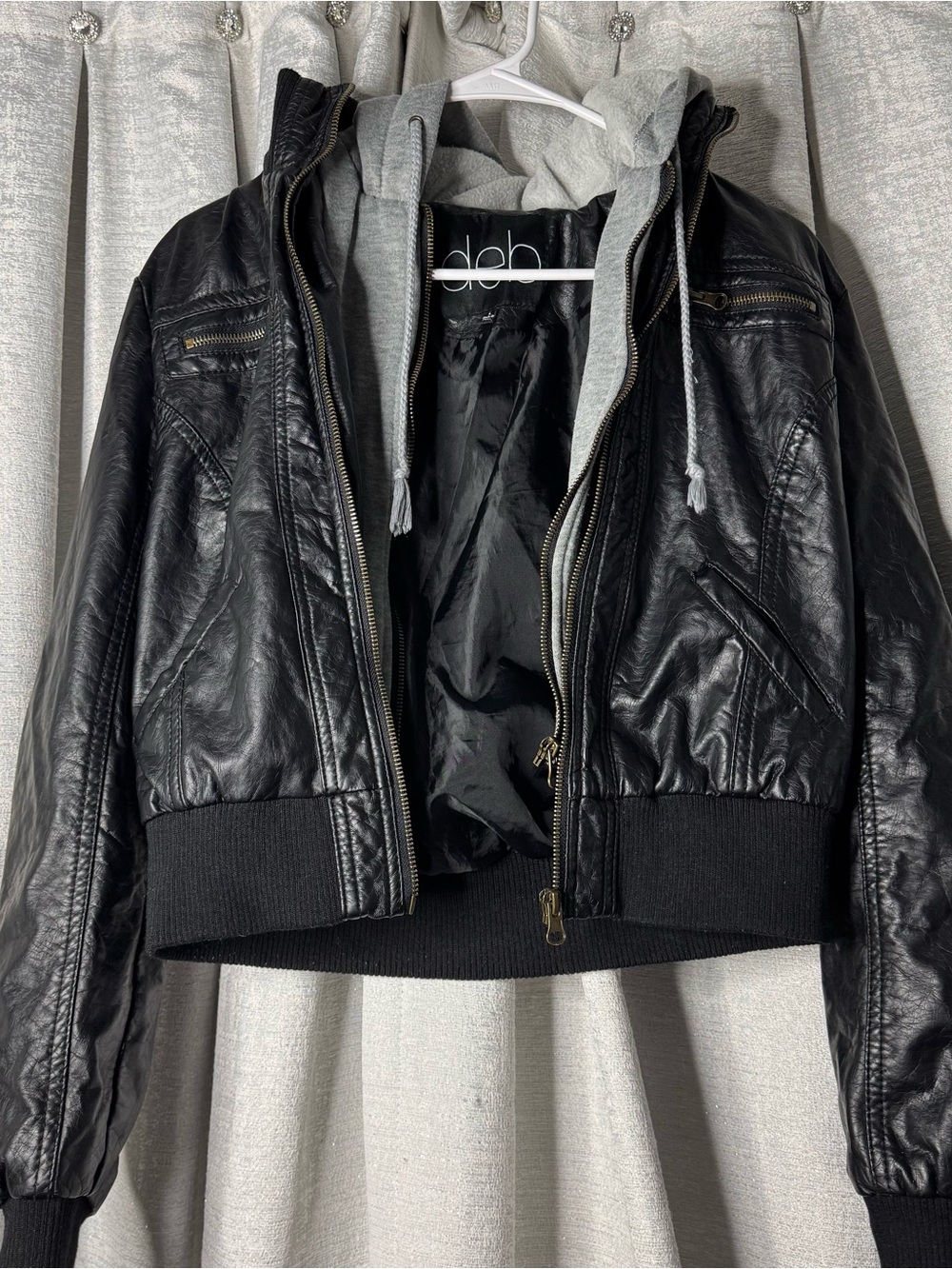 Deb Faux Leather Coat  w Attached Half Layered Gray Sweater Hoodie -Kids? Size L
